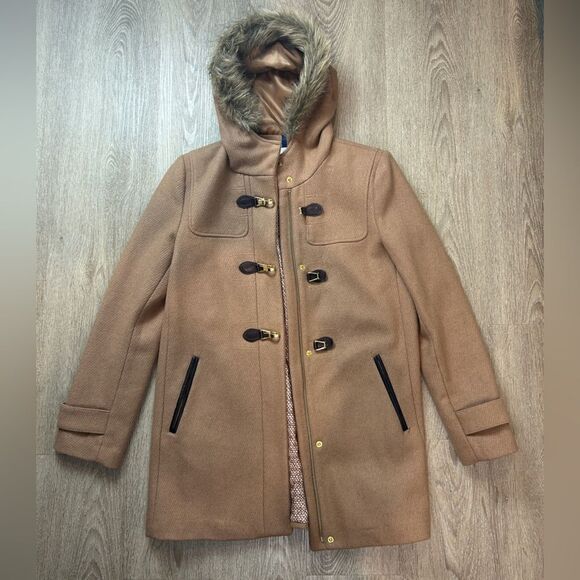COLE HAAN | Wool Walker Coat Duffle Toggle Front Faux Fur Hood Size 10 - Picture 8 of 16
